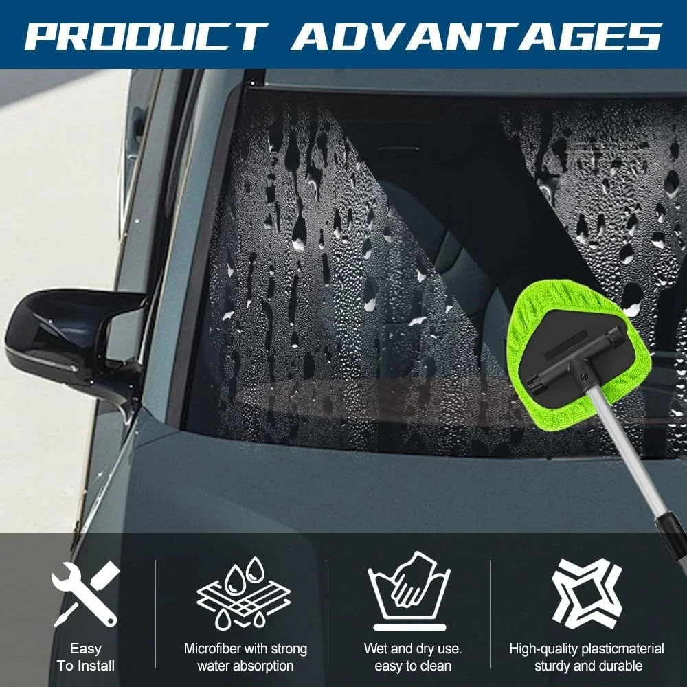 9 Pcs Car Window Cleaner Kit Extendable Handle 6 Reusable Microfiber Pads Auto Interior Exterior Windshield Wiper Cleaning Tool Green