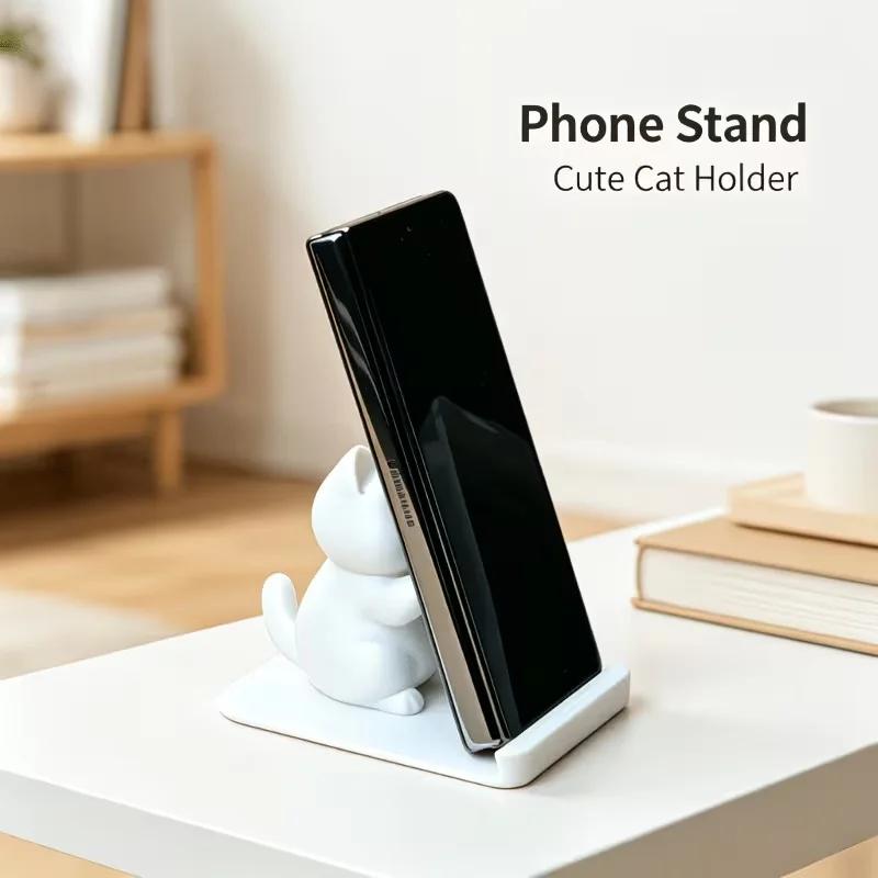 3D Printed White Cute Begging Kitten Phone Stand Integrated One Piece Cat Figurine Universal Desktop Cellphone Holder Decor