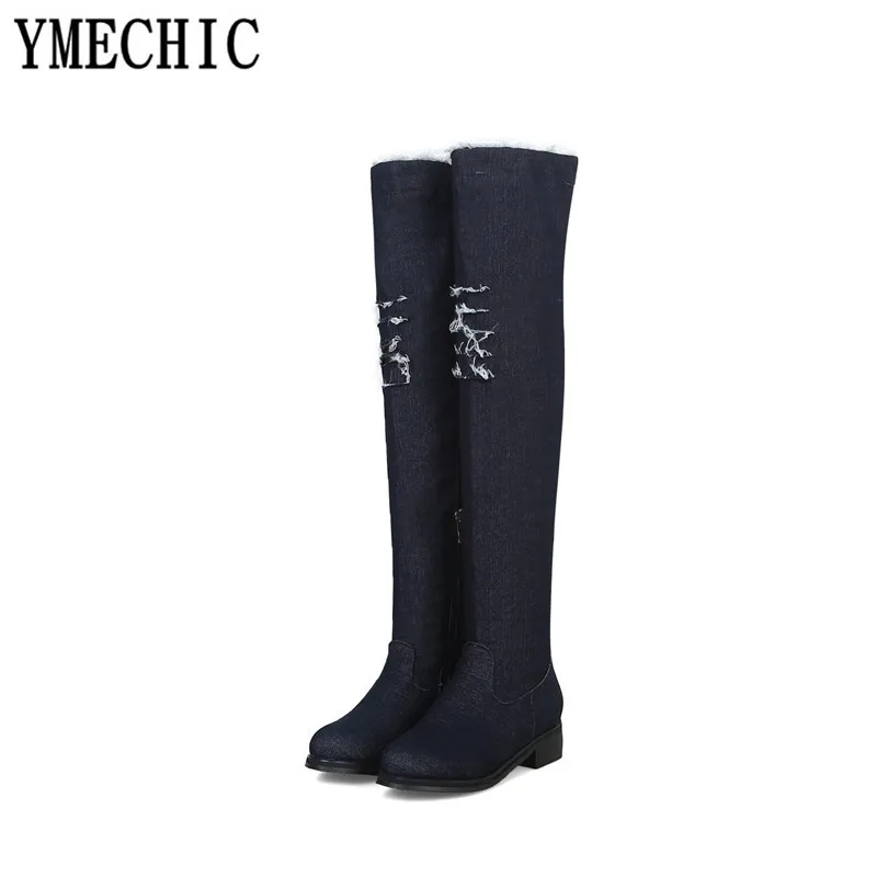 2023 Winter Denim Hole Hollow Knight Over Knee Boots Womens Med Block Heel Blue Black Ladies Riding Overknee Boots Plus Size