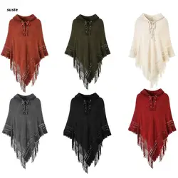 Women Winter Hoodies Shawl Wrap Knit Fringe Tassel Lace-Up Oversized Poncho Cape