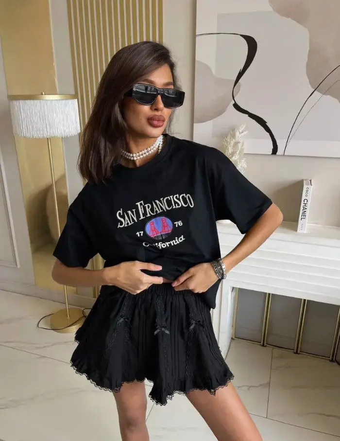 Europejska moda Estetyczna koszulka graficzna Klasyczny wzór T-shirty Czysta bawełna 5 kolorów Duży rozmiar Oversize Topy Letnie wygodne