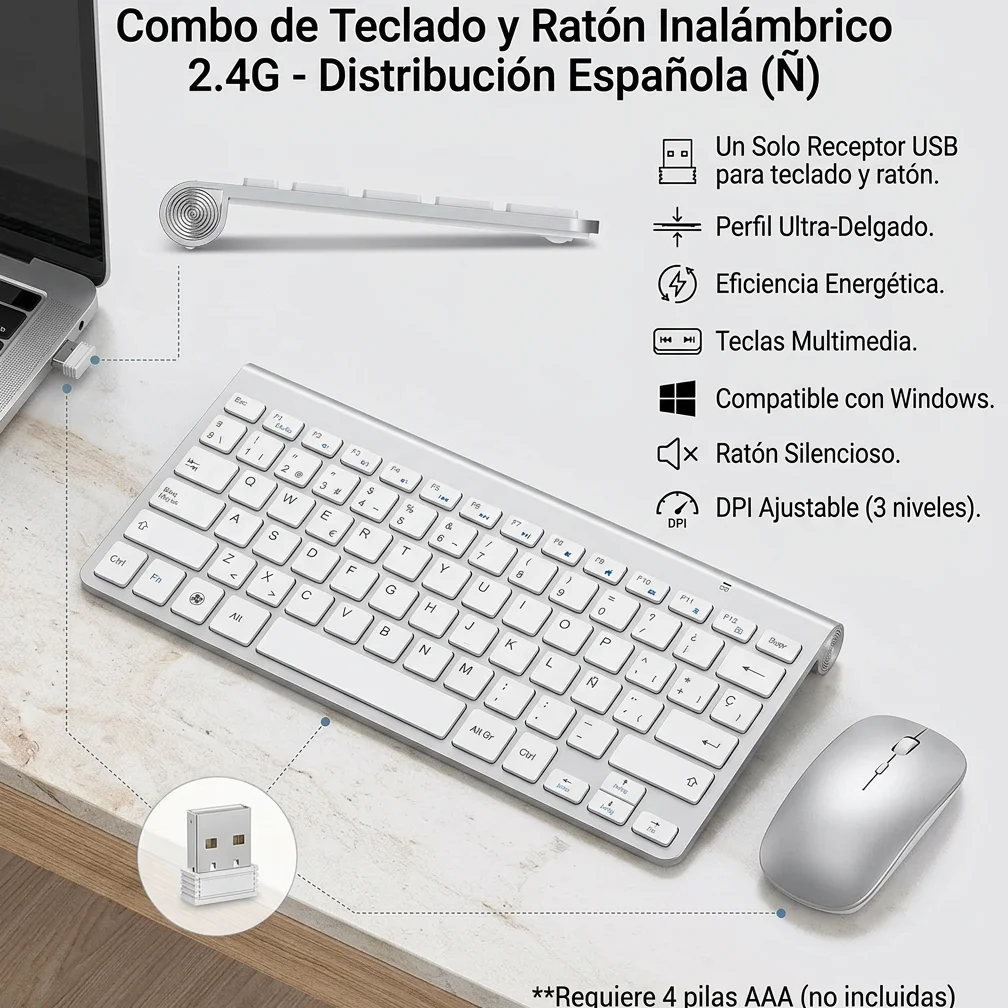 2.4G Slim Spanish Layout Wireless Keyboard Mouse Combo Multimedia hotkeys Compact Quiet Energy Saving for Windows Laptop PC Use