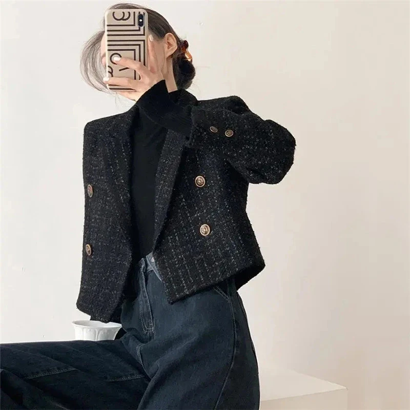 سترات سوداء كلاسيكية للسيدات سترة قصيرة أنيقة كورية للخريف والشتاء من التويد مقصوصة معطف علوي ملابس خارجية غير رسمية كلاسيكية #5