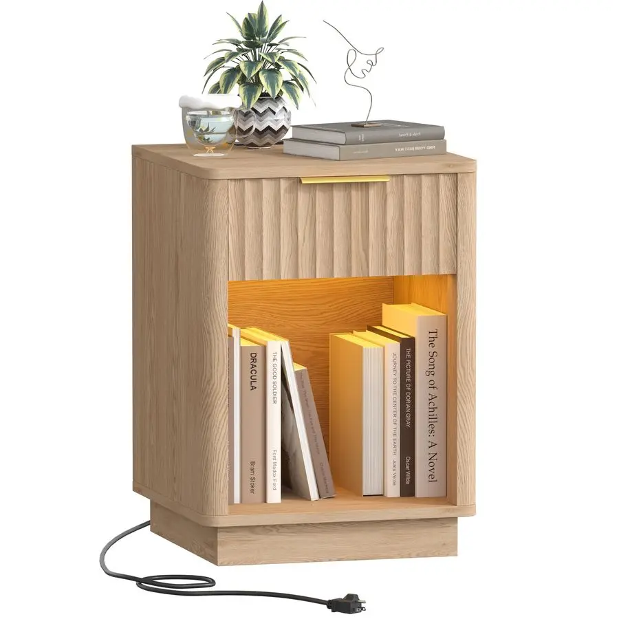 

Nightstand, Wooden Night Stand with Charging Station and LED Light, Modern Mid Century End Table with Drawer, 15 D x 15.7 W x 22