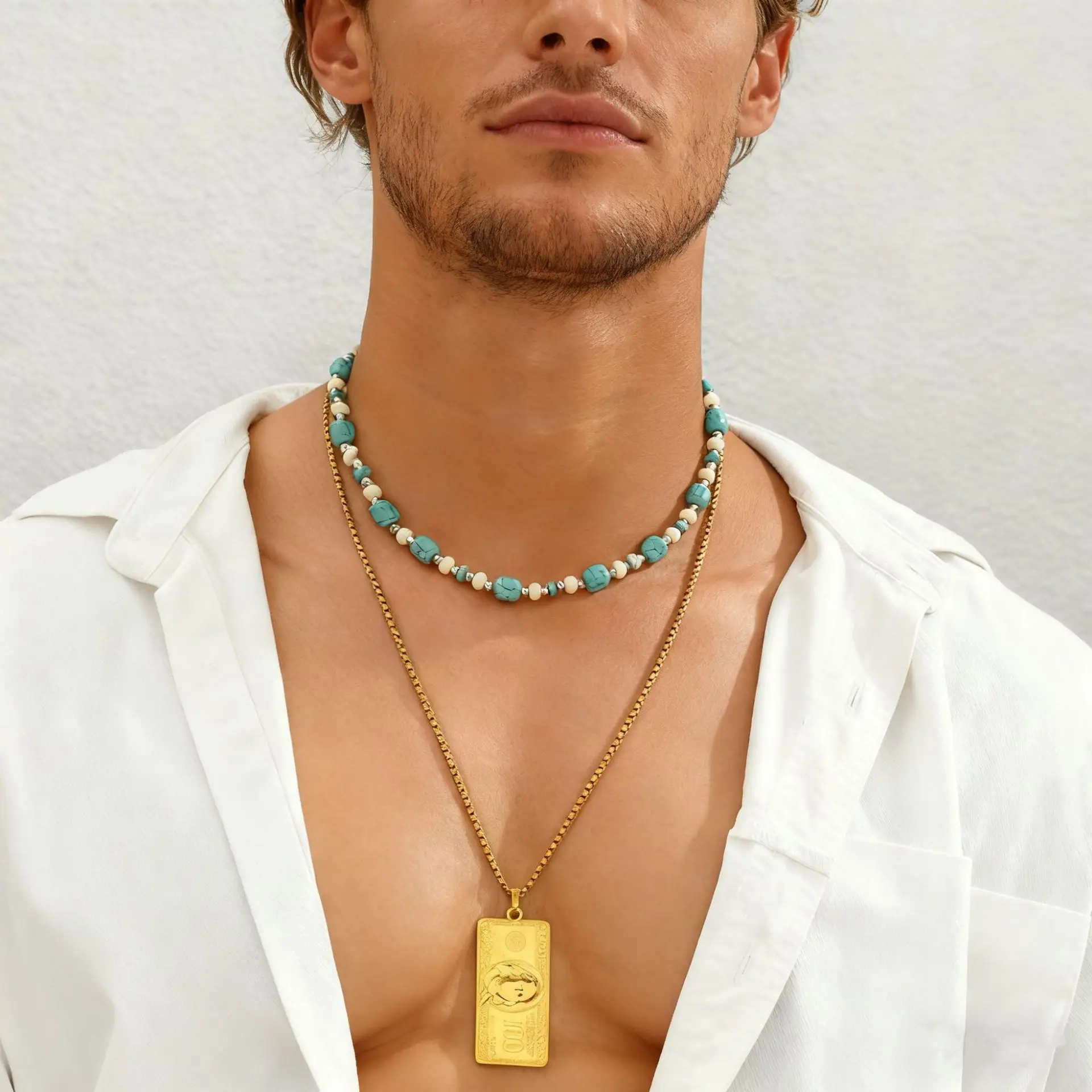 Luxury 24K 9999 Pure Gold real gold Turquoise Shellfish Men's Stacked Square Pendant Necklace