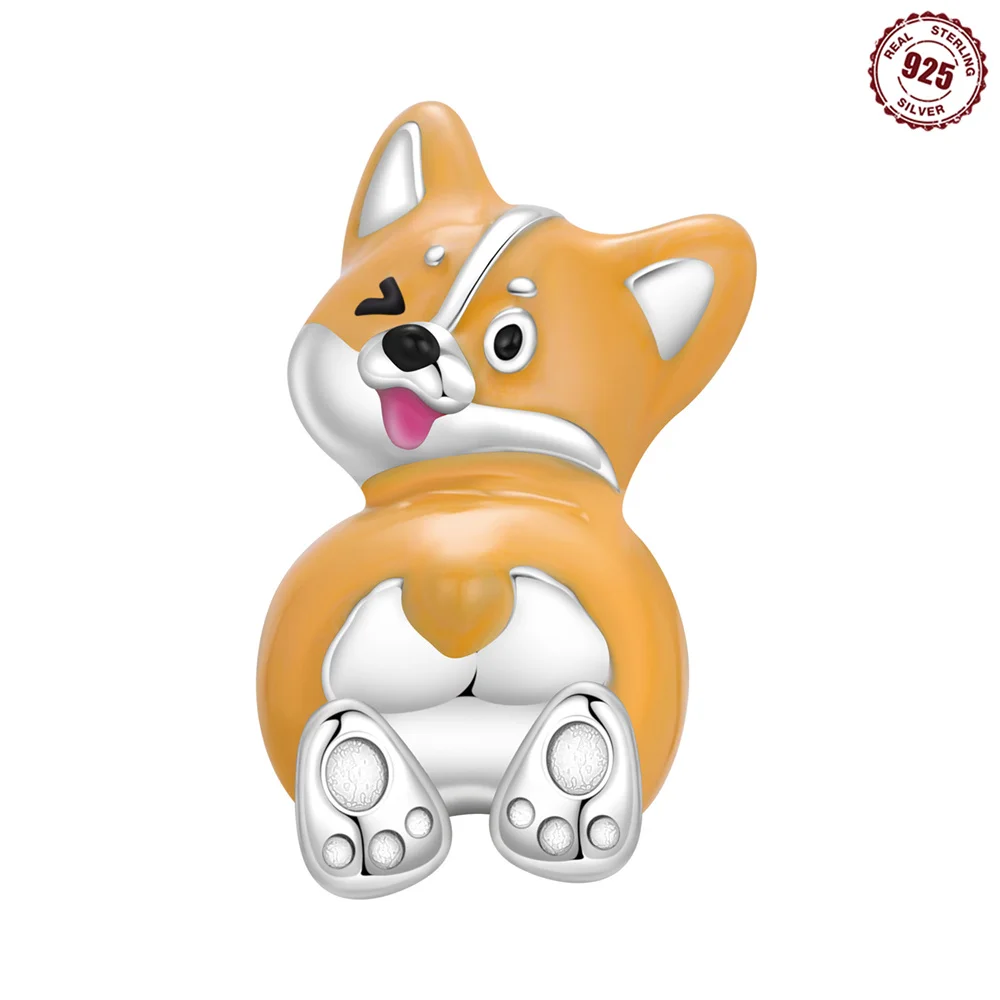 S925 Sterling Silver Adorable Corgi Charm Winking Puppy with Cute Butt Design Fit Bracelets Playful Dog Jewelry Gift Women Girls