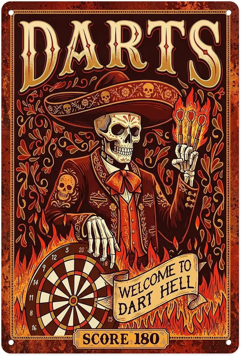 Mexican Skeleton Vintage Metal Tin Sign Wall Decor,   | Skull Gothic Welcome to Darts Hell Wall Art for Man Cave, Home Bar and C