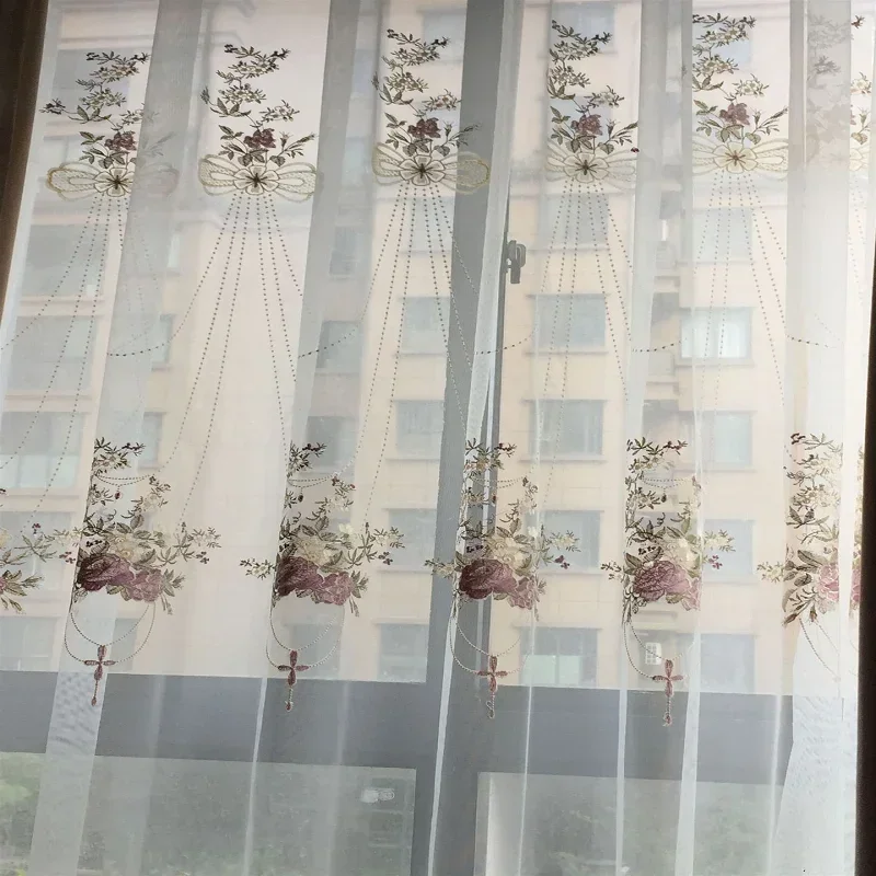 

French Romantic Embroidered Tulle Curtains for Living Room and Bedroom Pastoral Hanging Basket Finished