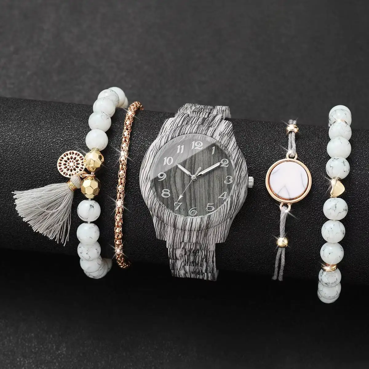 5PCS Fashion Women Watch Bracelets Set Casual Wooden Pattern Plastic Band Quartz Watch for Girls Clock Gift （Without Box）