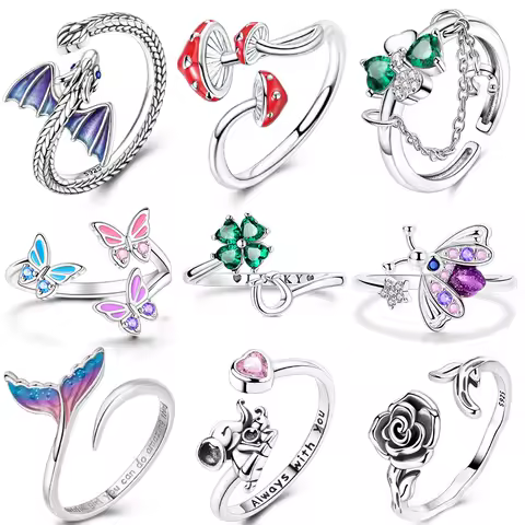 Original 925 Sterling Silver Four Clover Firefly Open Ring Adjustable Size Animals Ring For Women Jewelry Gift
