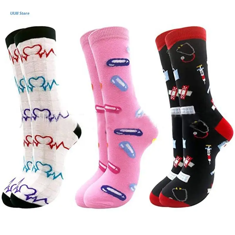 Men Women Novelty Cotton Crew Socks Doctor Nurse Funny Pill Electrocardiogram Stethoscope Printed Mid Tube Hosiery Hospital