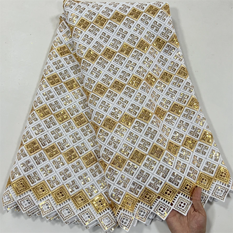 

SJD LACE 5 Yards African Gold Sequins Guipure Cord Lace Fabric 2024 Latest Nigerian Water Soluble Lace for Women Party Dress4086