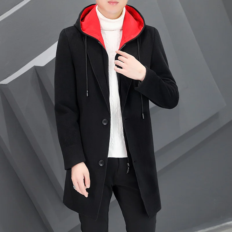 High Quality Men's Mid-Length Hooded Woolen Coats Business Casual Warm Zipper Wool Windbreaker Jackets Solid Color Tops Overcoat