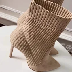 Sexy Knitting Fabric Suede Patchwork Sock Boots Pointed Toe Thin High Heel Stretch Ankle Boots Woman Black Apricot Slip On Boots