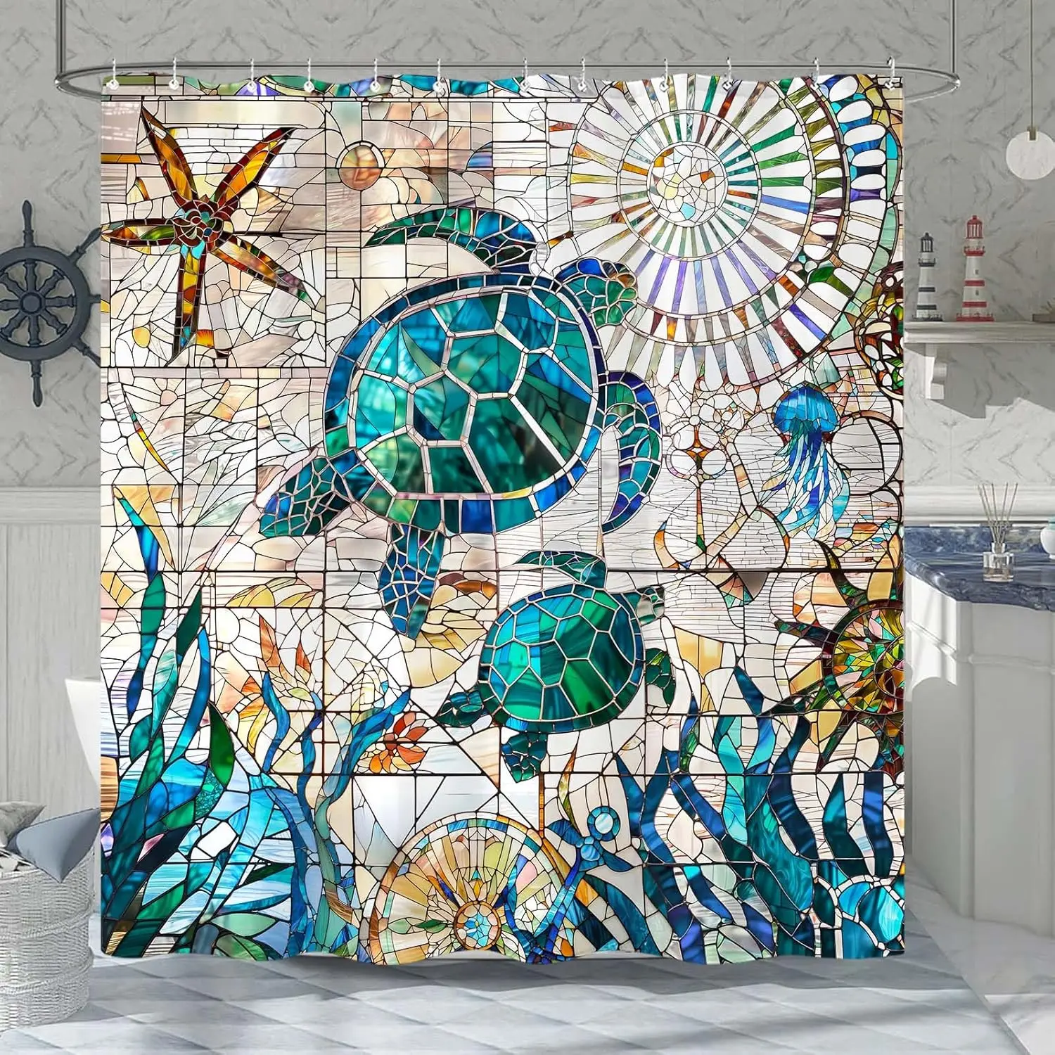 

Декоративная шторка для душа с морскими черепахами и разноцветным стеклом в морском стиле для ванной комнаты, домашняя шторка для душа в морском стиле