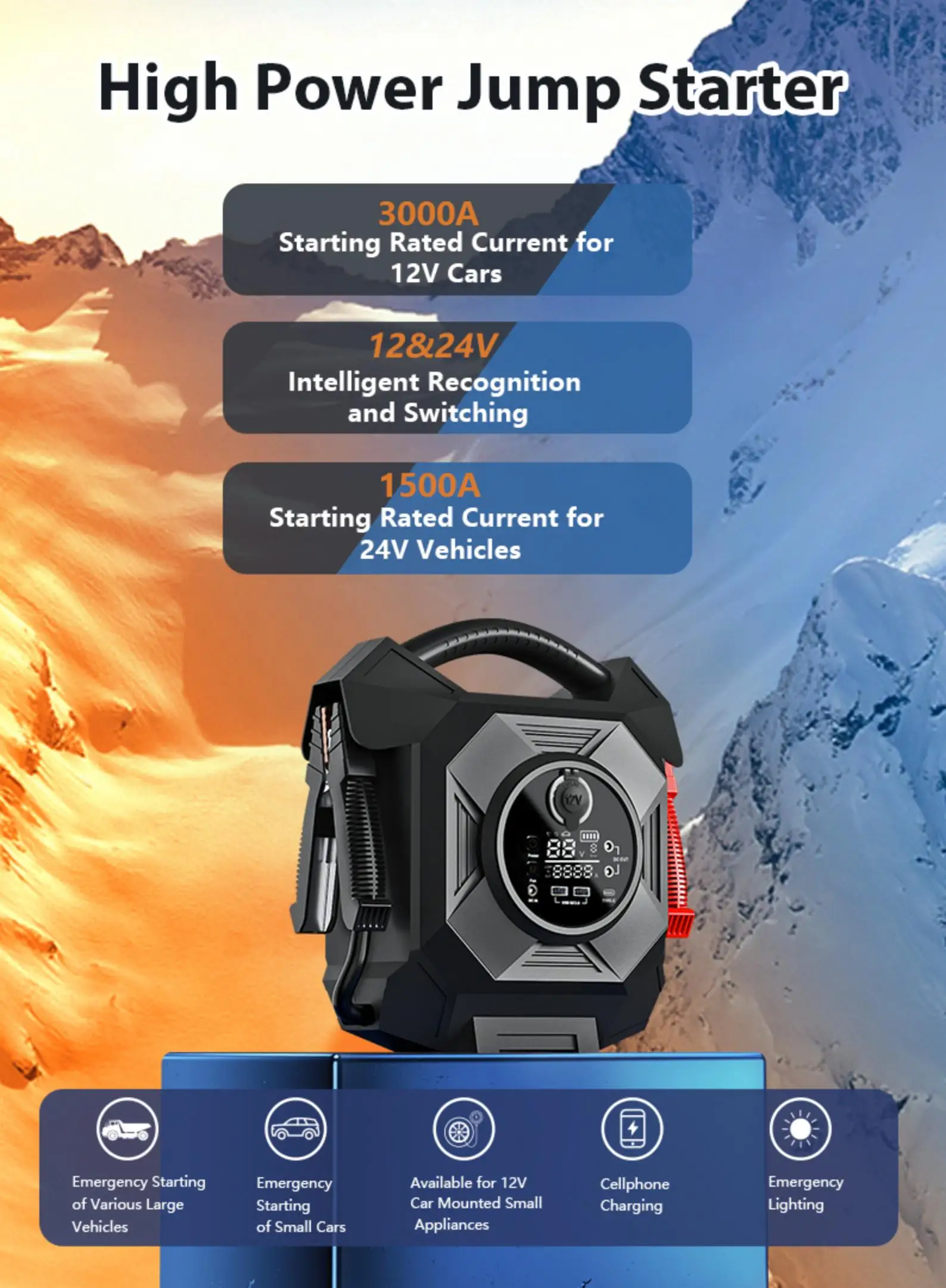 Multifunctional 4-in-1 Jump Starter with  Car Air Compressor and Power Bank  LED Light Digital Screen Starter Car Inflator