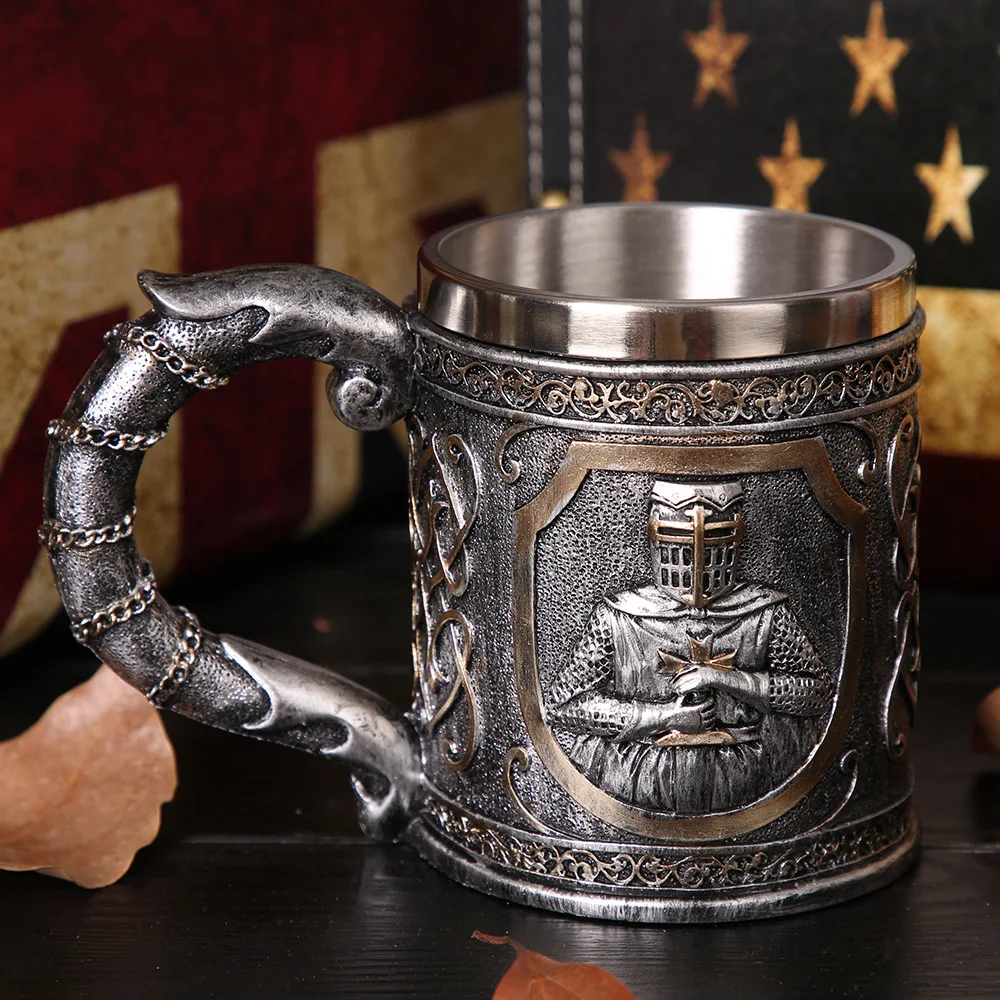 3D Knight Resin Stainless Steel Mug Beer Mug Handle Coffee Cup Goblet Holiday Gift Creative Tankard Bar Decor Personalized Mug