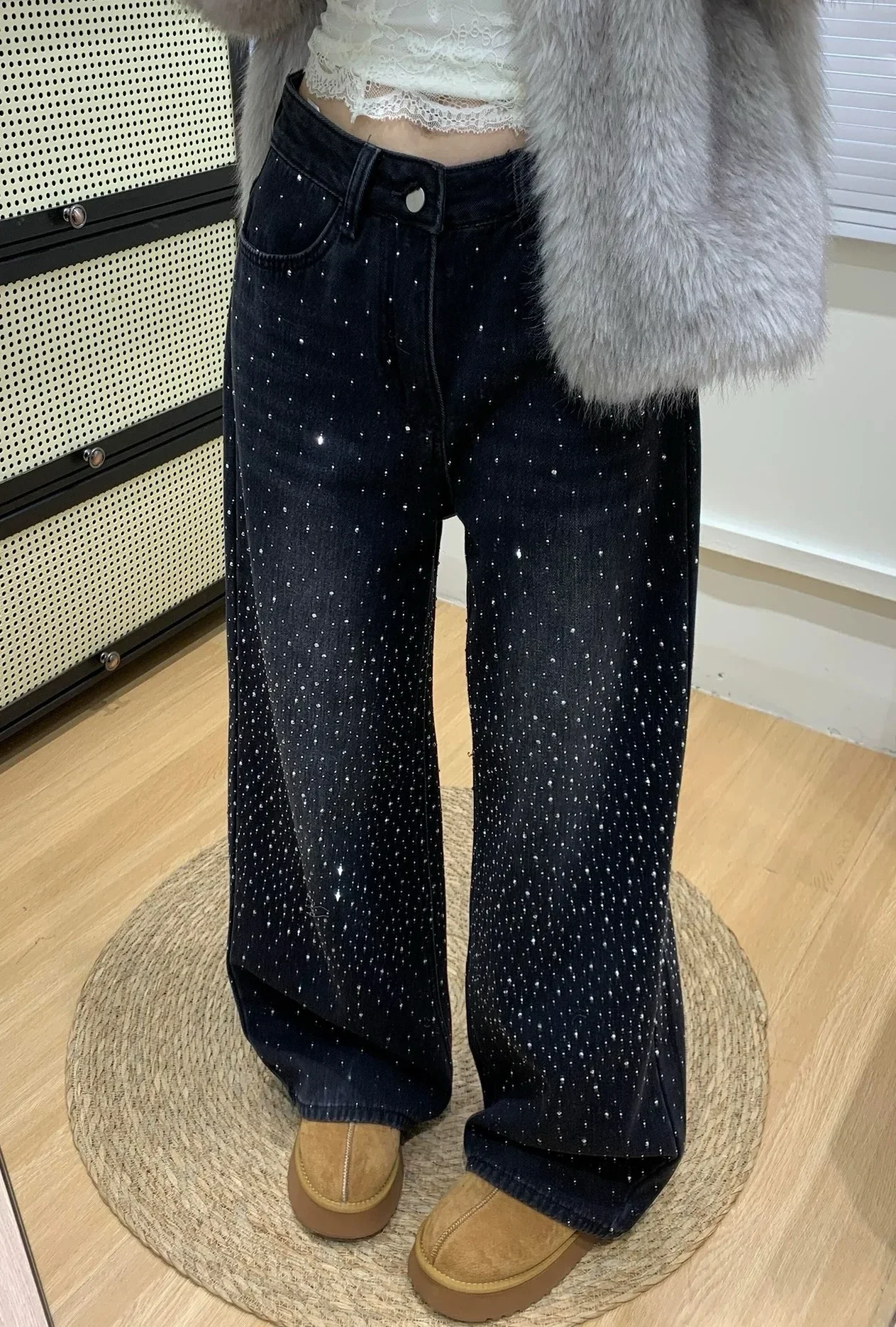 Y2K Girls Vintage Jeans American Retro Design Hot Stamping Splicing Wide Legs Floor Length Spicy Fashion Pants