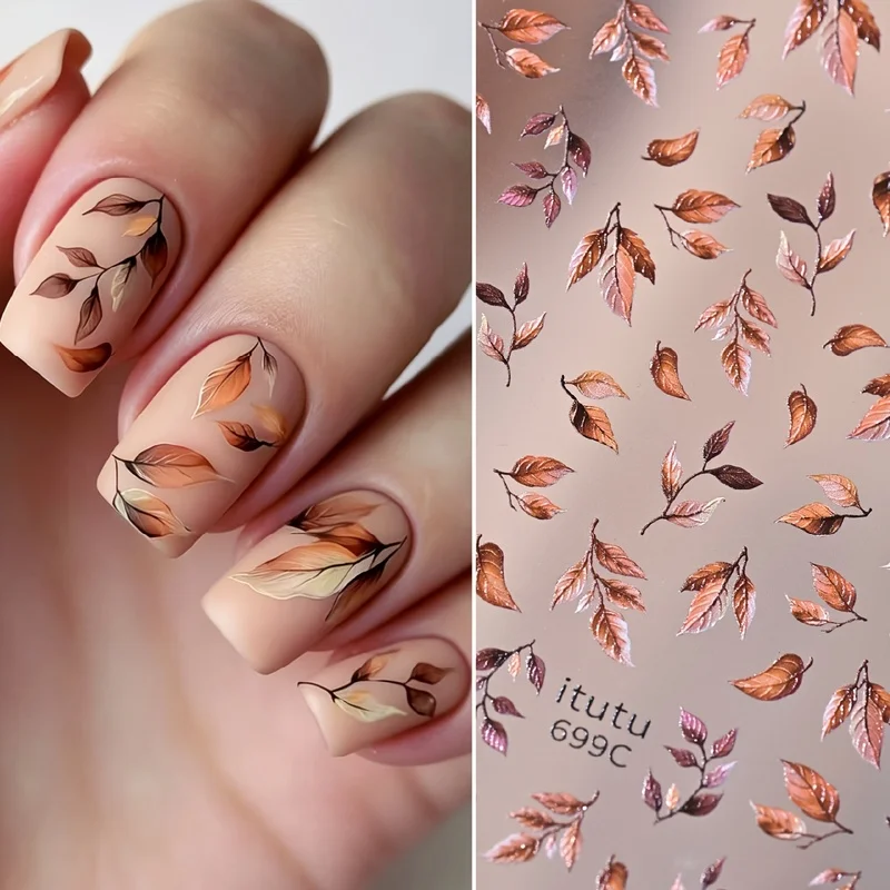 New Autumn and Winter Nail Art stickers Featuring the Theme of Falling Leaves in Late Autumn, Warm Orange-Brown Autumn Leaves an