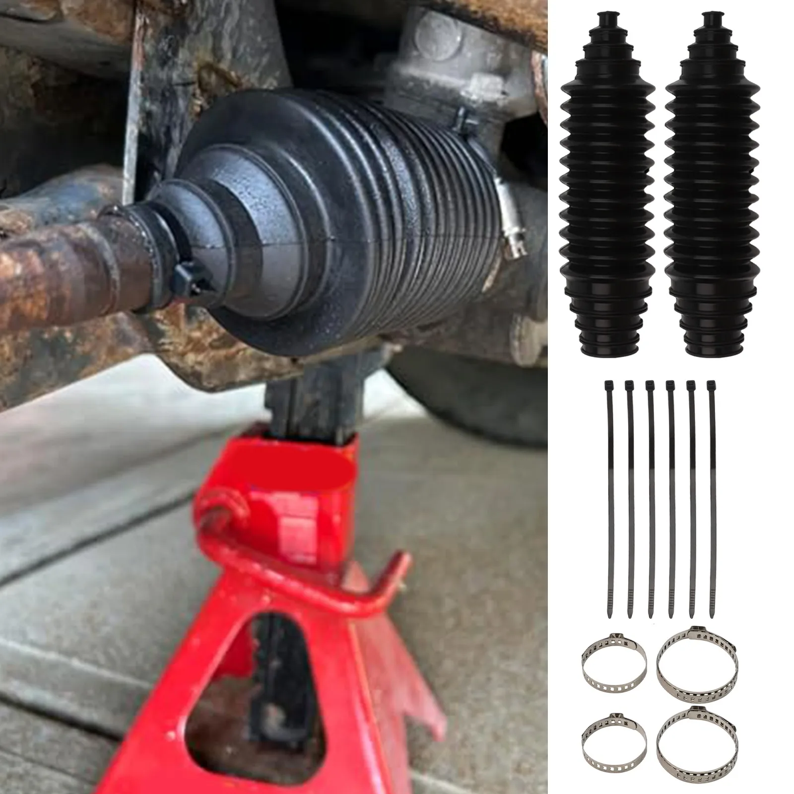 Automotive Rack Dust Boot Kit with 2 Adjustable Tie Rod Boots 6 Cable Ties and Locking Clamps for Enhanced Protection