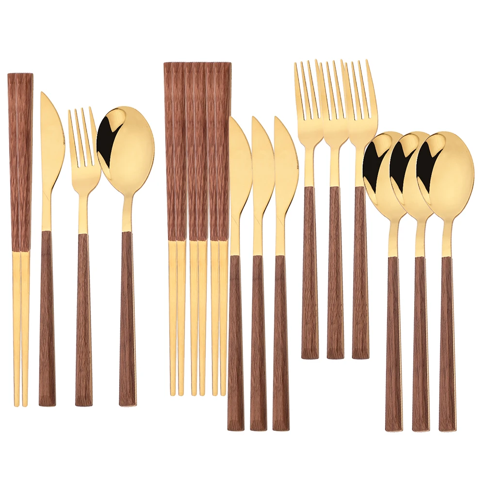 

Gold Korean Tableware Set 16Pcs Luxury Flatware Cutlery Set Stainless Steel Dinnerware Knife Fork Spoon Chopsticks Set