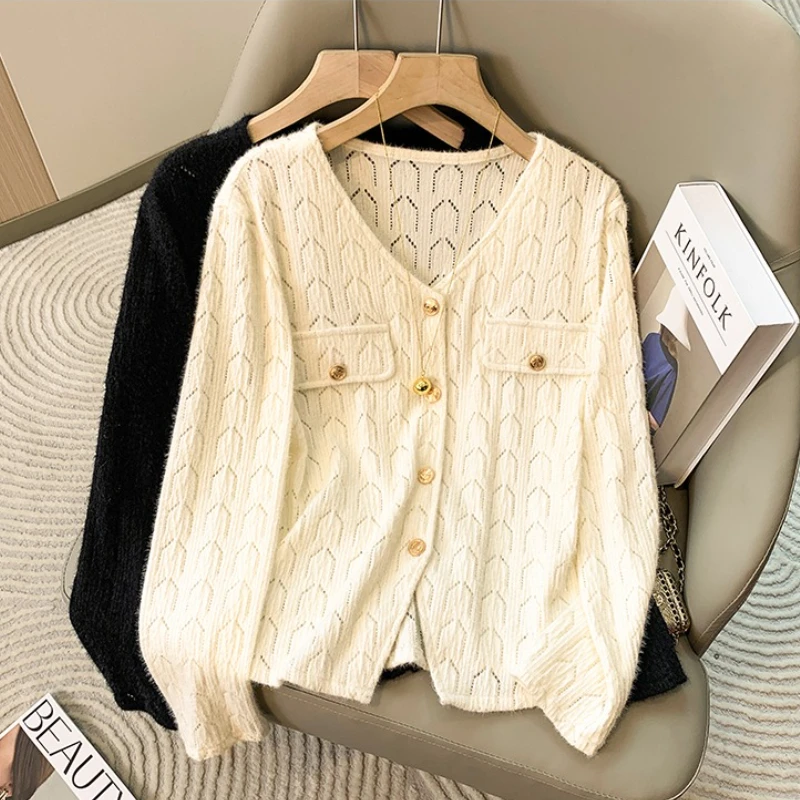 

Plus Size Women Cardigan Autumn Winter Women Clothing Korean Style V-neck Long Sleeve Sweater Woman Solid Fashion Hollow Out Top