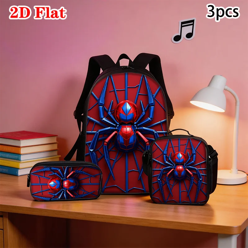 3pcs Spider Pattern Backpack Set Lightweight Large Capacity School Bag Travel Bag with Shoulder Bag Pencil Bag Kids Perfect Gift