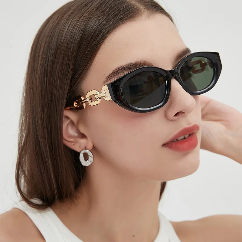 Vintage Cat-Eye-Sonnenbrille für Damen, trendige Mode, kleine Ketten-Sonnenbrille, elegante Brille, modische schwarze Sonnenbrille