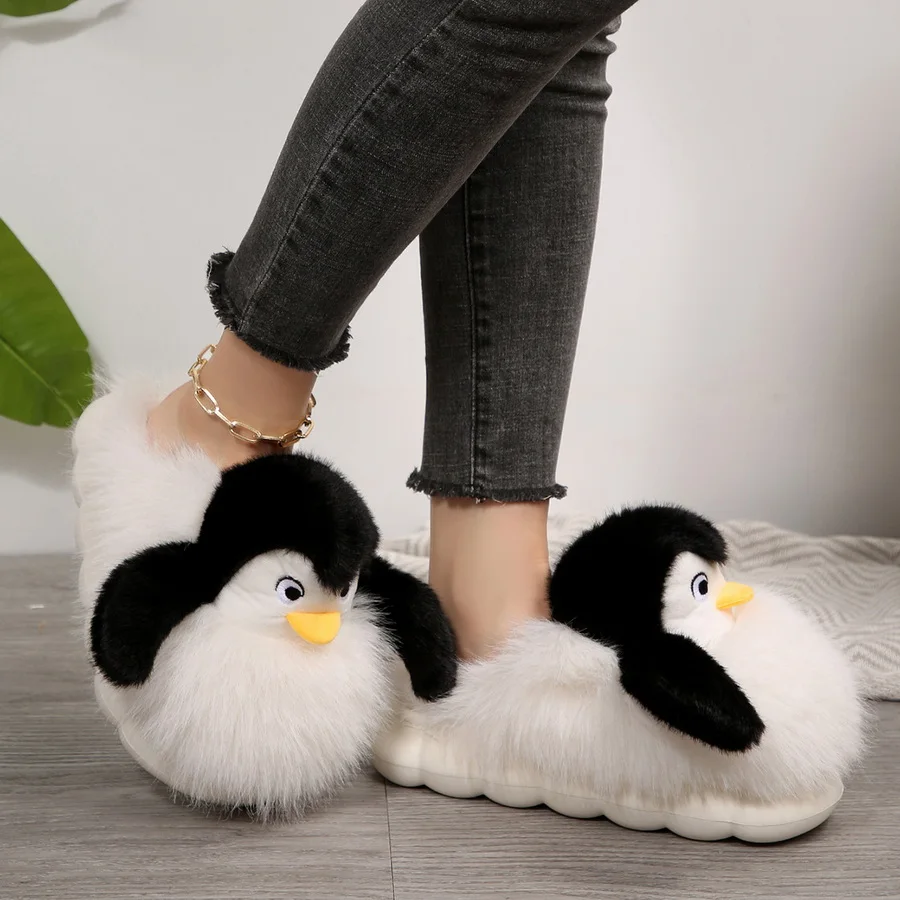 

New chubby goofy penguin cotton slippers women's fluffy waddling penguins mules fur slides shoes home fun indoor slippers woman