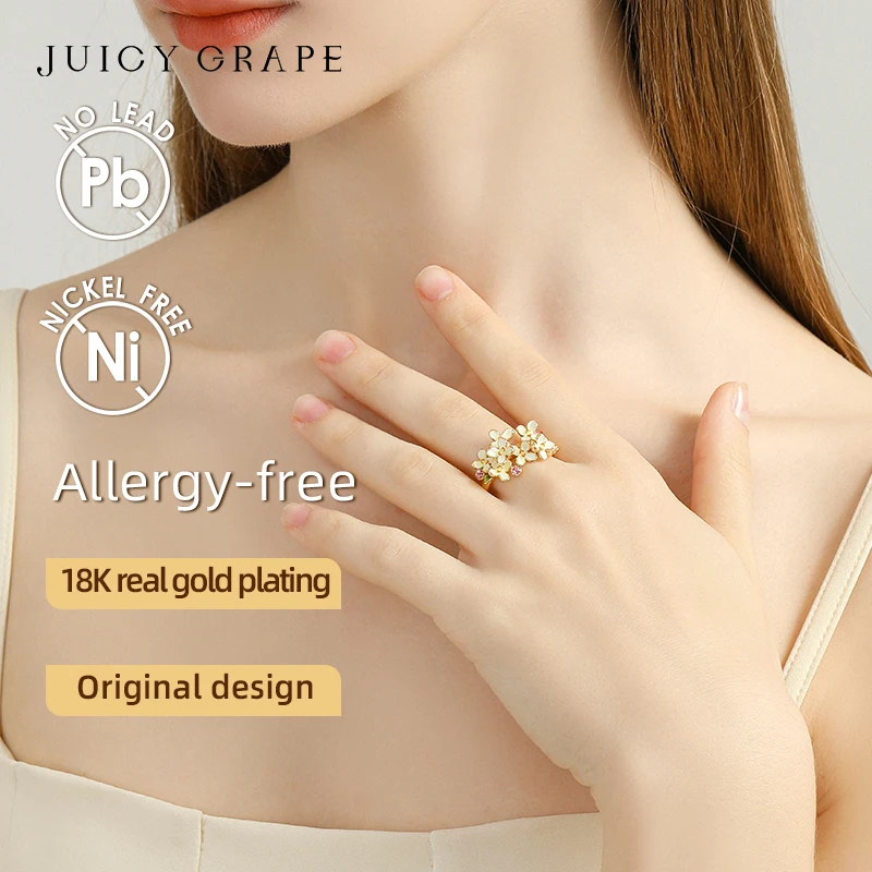 Juicy Grape Osmanthus Ring for Women Enamel Flower Adjustabl Ring 18K Gold Plated Luxury Party Jewelry Gift