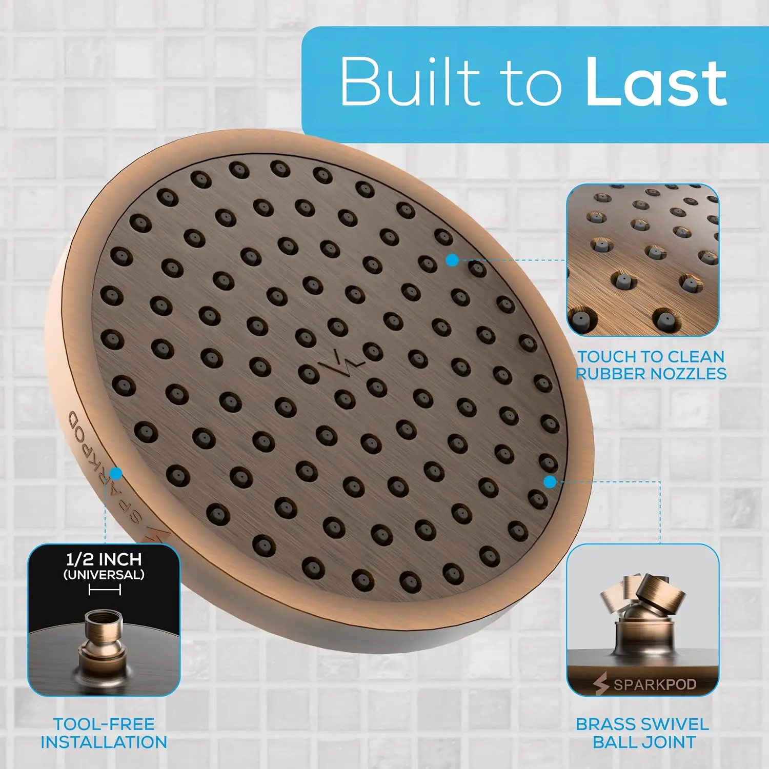 رأس دش مطري عالي الضغط - تصميم فاخر قابل للتعديل سهل التركيب للحمام (برونزي عتيق، دائري 8 بوصة)