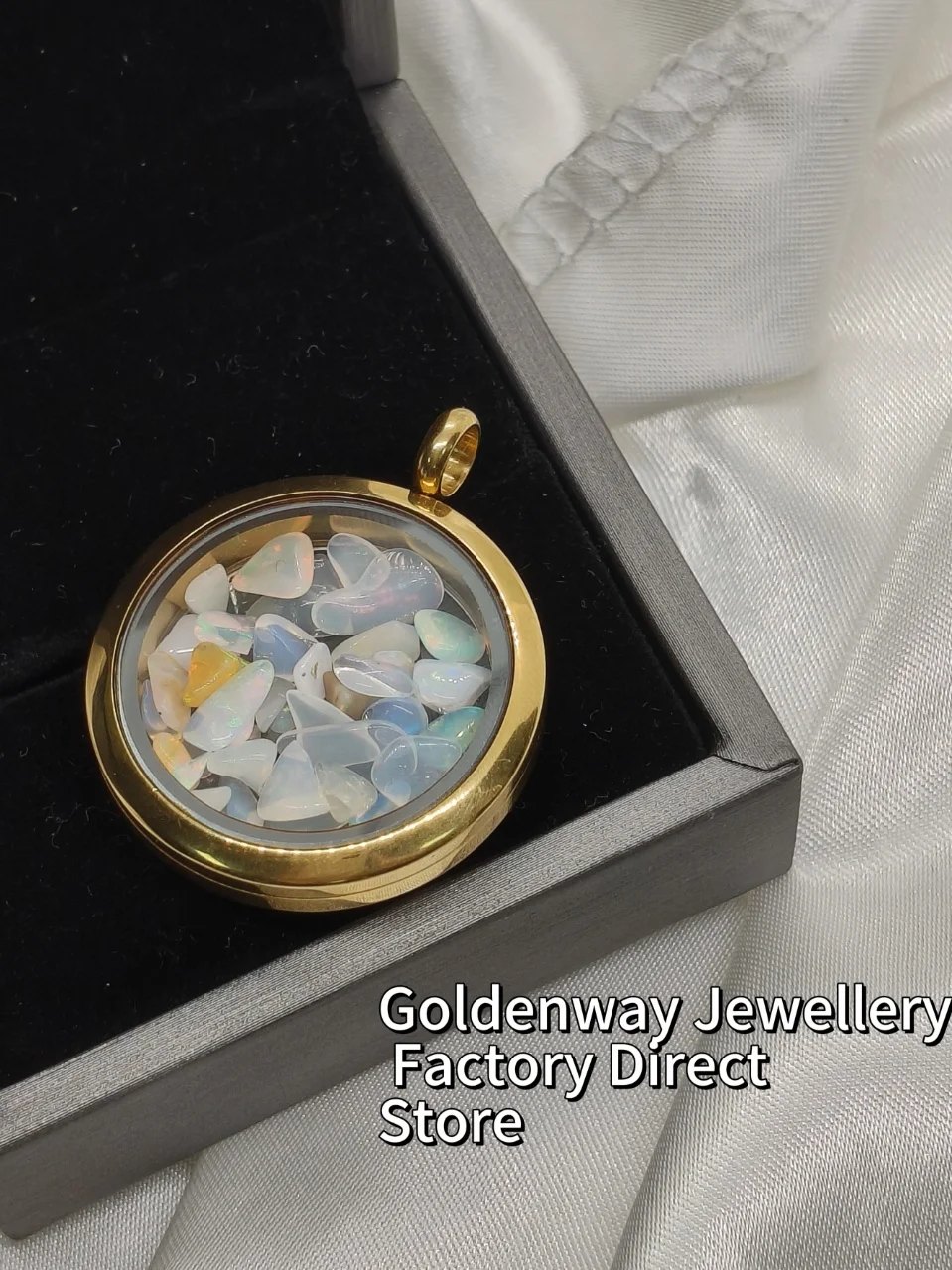 2025 Popular Natural Opal Raw Stone Stainless Steel Glass Gold Locket Rough Gems Charm Titanium Pendant Unisex Anti-rust Jewelry view 3