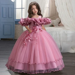 New Girl's pearl sequin princess dress embroidered flower off shoulder fluffy skirt ages 4-14 birthday party performance costume