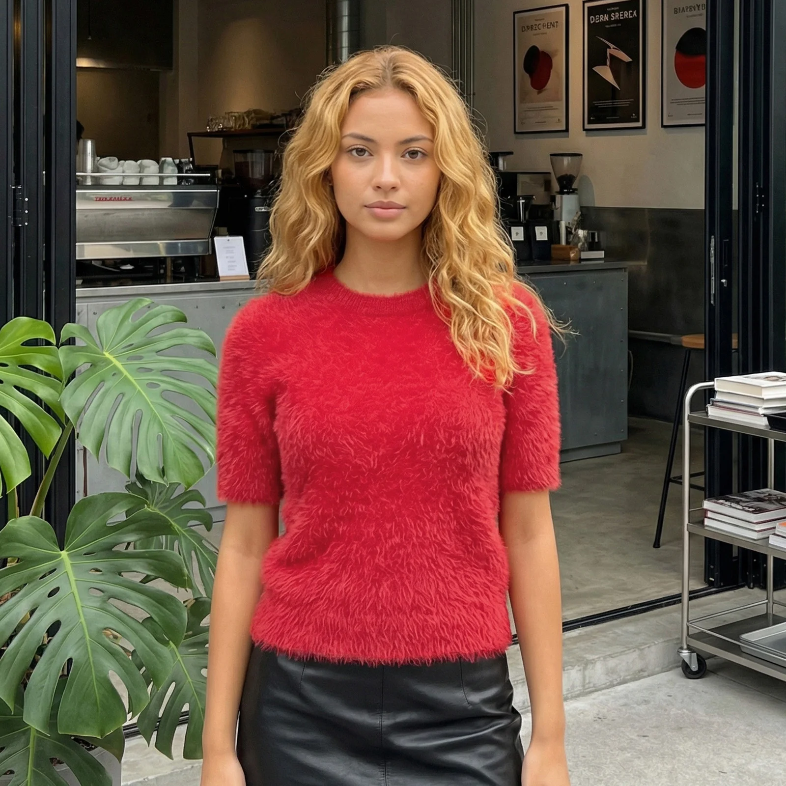 

Women Fashionable Casual Crew Neck Short Sleeve Sweater Spring Summer Solid Color Loose Fuzzy Knit Tops