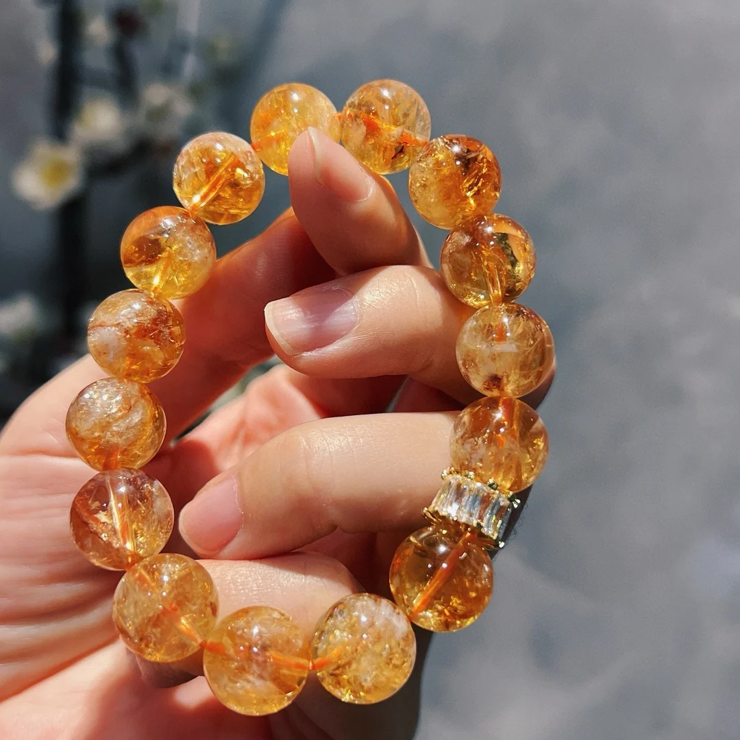 2026 12Mm Natural Yellow Crystal Bracelet For Women Draw Wealth Bring Good Luck Golden Rutilated Quartz Light Luxury Versatile F