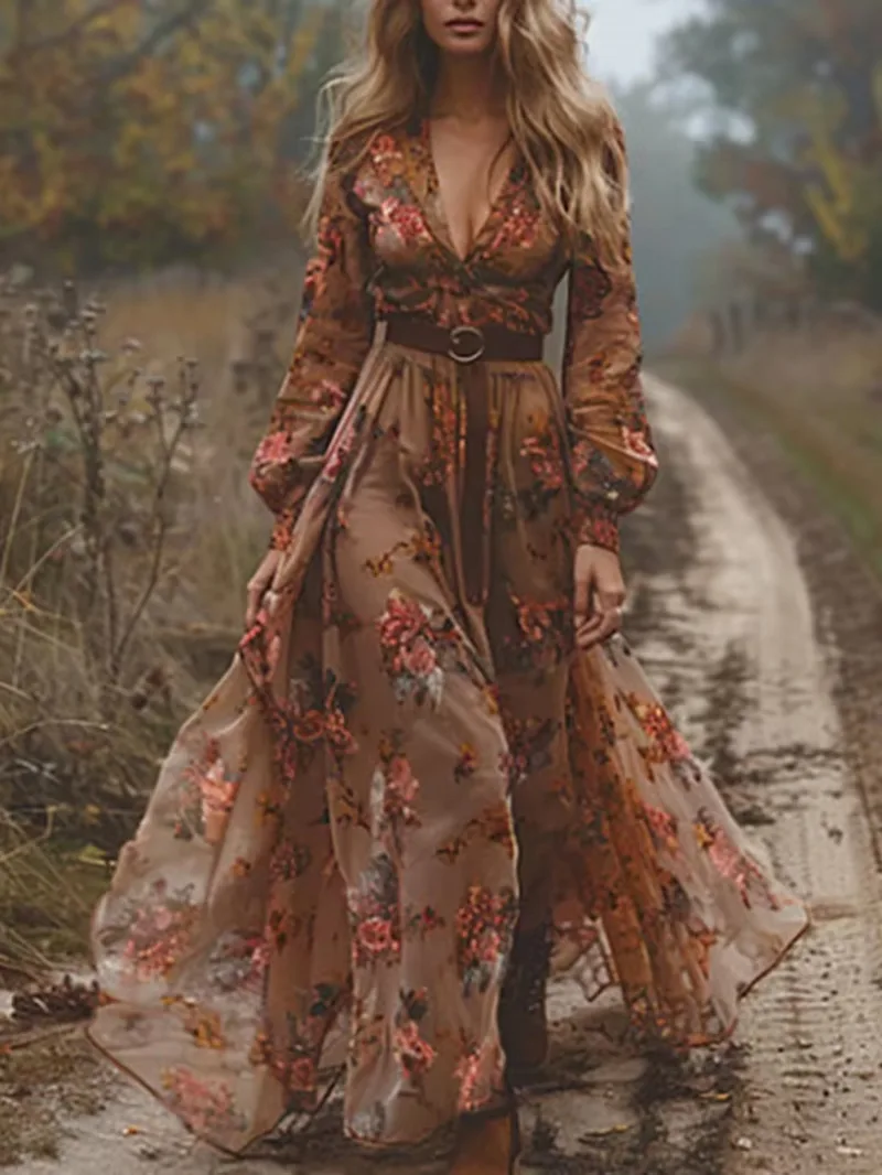 ヴィンテージパターンプリント長袖女性ドレスカジュアル V ネックハイウエストプリーツ秋ドレスエレガントなルーズボヘミアンドレス B7Q