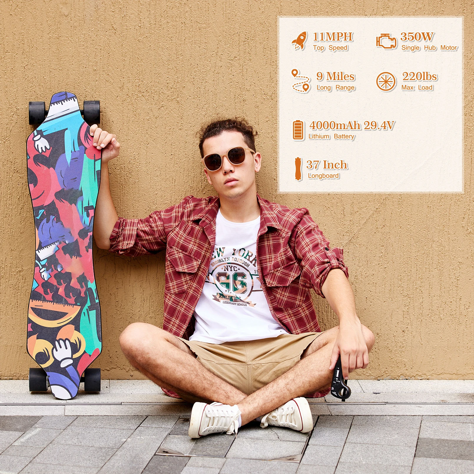 Skateboard elettrici con telecomando, motore potente da 350W, velocità massima di 12,4 mph, batteria da 4000mAH, 13 miglia Max Range E Skateboard,