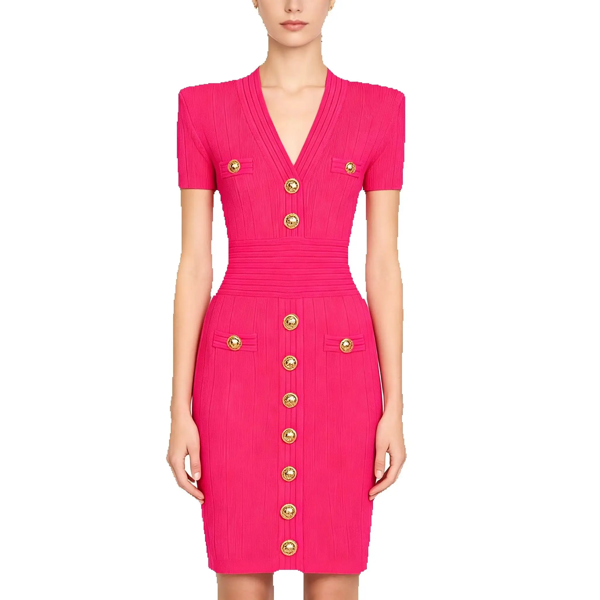 

Summer New Fashionable Temperament Commuting High-Quality Button Knit V-Neck Slim Fit Mid To Long Zipper Short Sleeved Dress