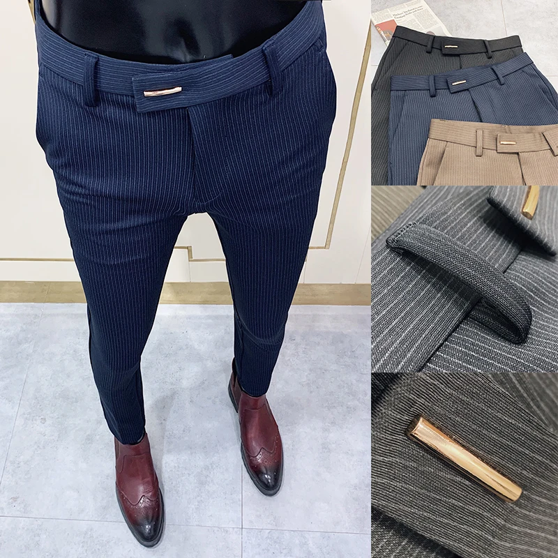 Fashion Striped Suit Pants Men Slim Fit Tight-ankle Social Pants Men Office Party Trousers Men Business Slim Fit Dress Trousers