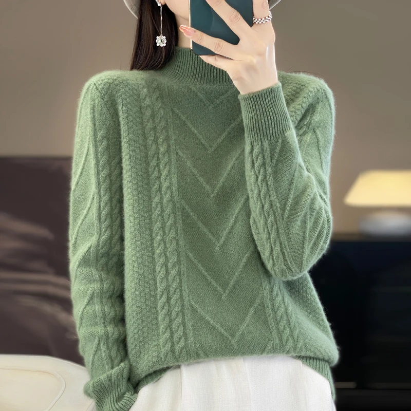 

Fall/Winter 2024 New 100% Merino Wool Sweater Women's Semi-turtleneck pullover knitted with bottoming fashionable shirt