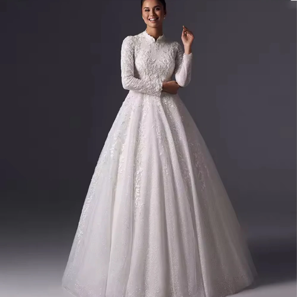 

Luxury Wedding Dresses High Collar A-line Long Sleeve Church Bride Dress with Draped Appliques Button Bridal Gown Customized