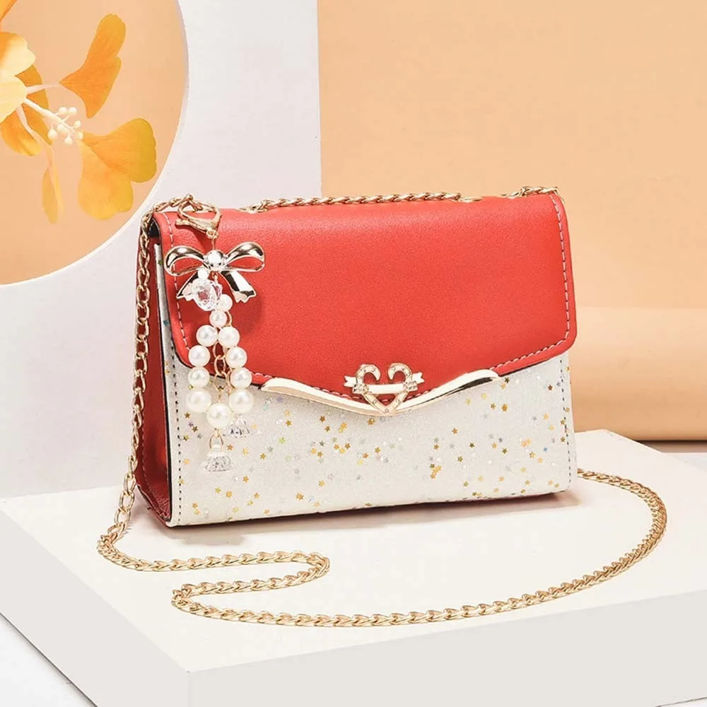 

Elegant PU Chain Bag Y2K Pendant Color Block Korean Square Bag Storage Pouch Beads Bow Keychain Flip Up Shoulder Bag Outdoor