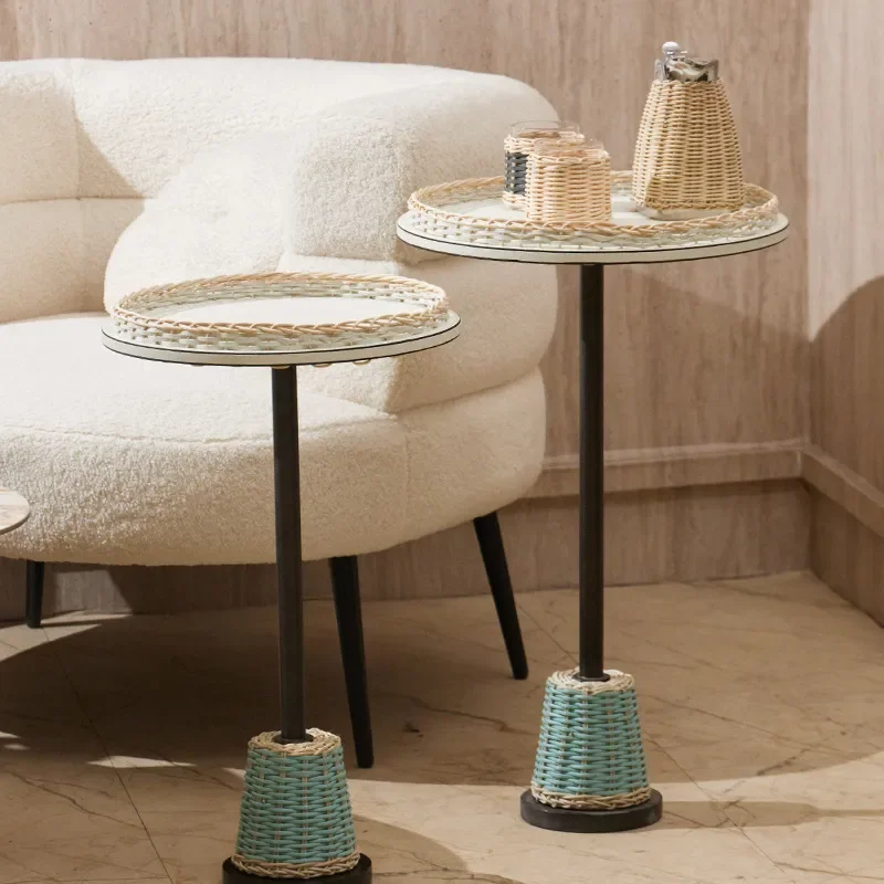Modern Rattan Coffee Table with Leather Edge Simple Design for Living Room Hotel Lobby Restaurant Sofa Side Table Home Decor