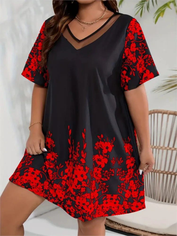 Fashion Print Loose Dress For Women Casual Short Sleeve V Neck Pullover Dresses Lady Holiday Party Skirt Womens Clothing Summer