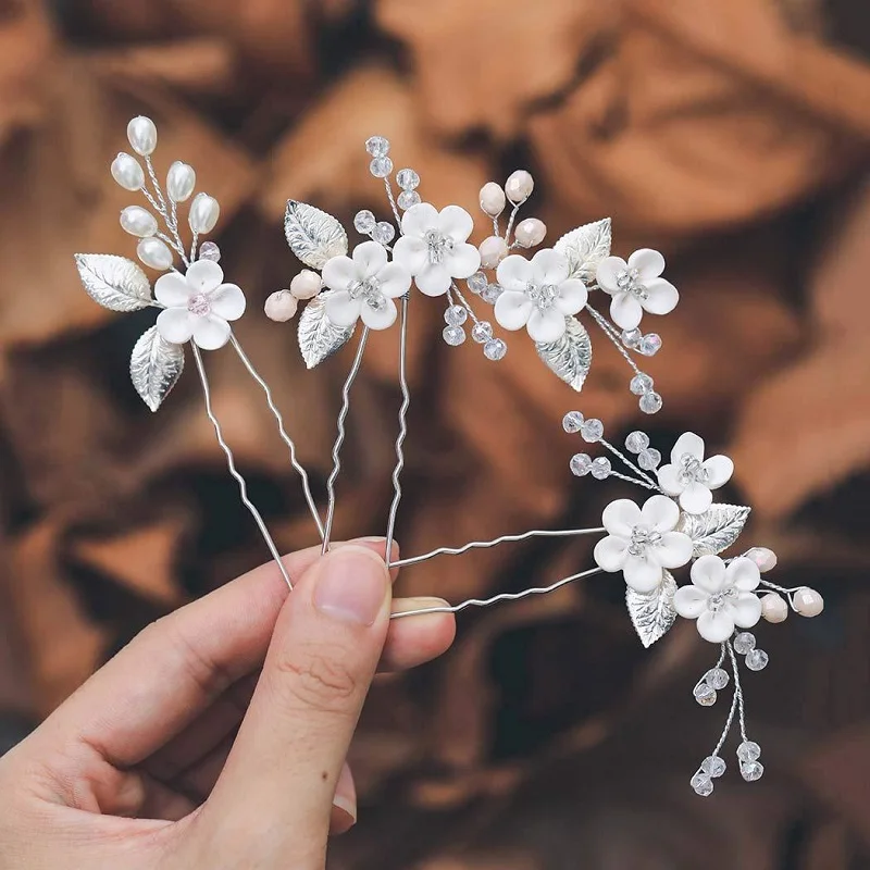 1Set White Flower Hairpin U Shaped Hair Pins Clips Floral Headpiecs for Women Girls Bride Wedding Party Headwear Hair Jewelry