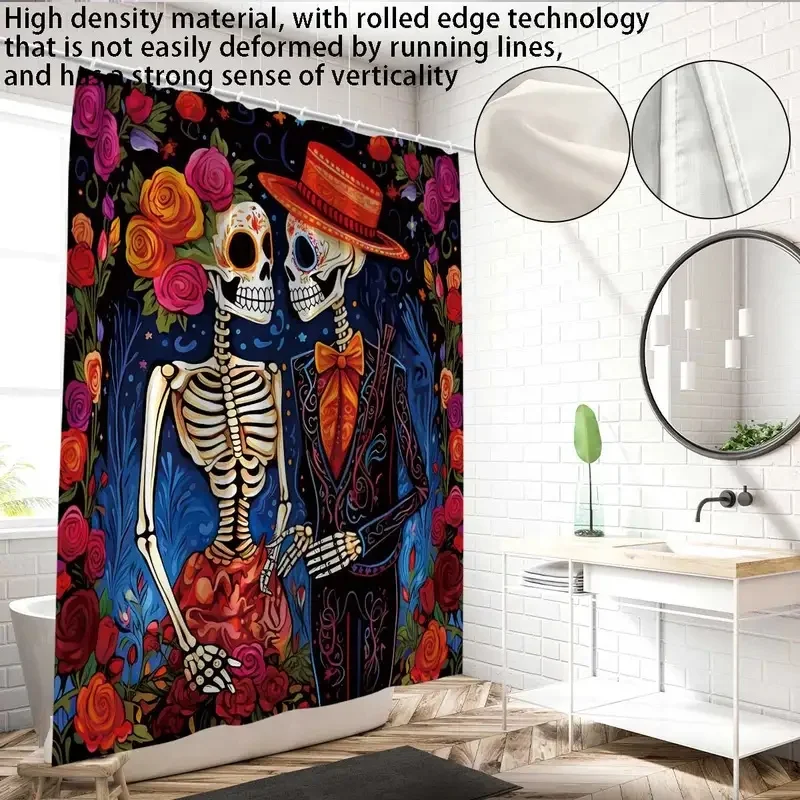 VIKAMA Shower Curtain Day of The Dead Skeleton Couple Floral Print Waterproof Fabric Curtain for Bathroom Decor