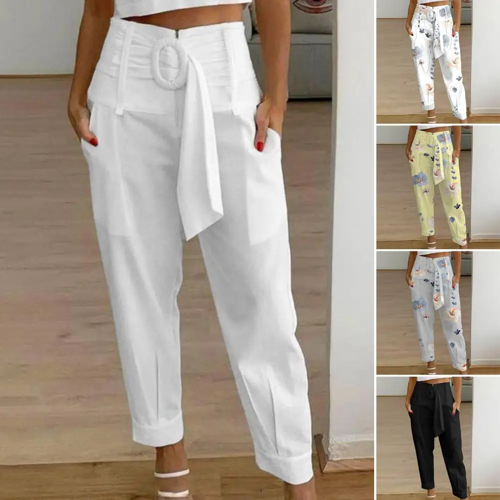 Ladies Long Pants With Pockets Elastic Waist Wide Leg Ninth Pants Casual Wear Temperament Women Fashion Loose Linen Trousers