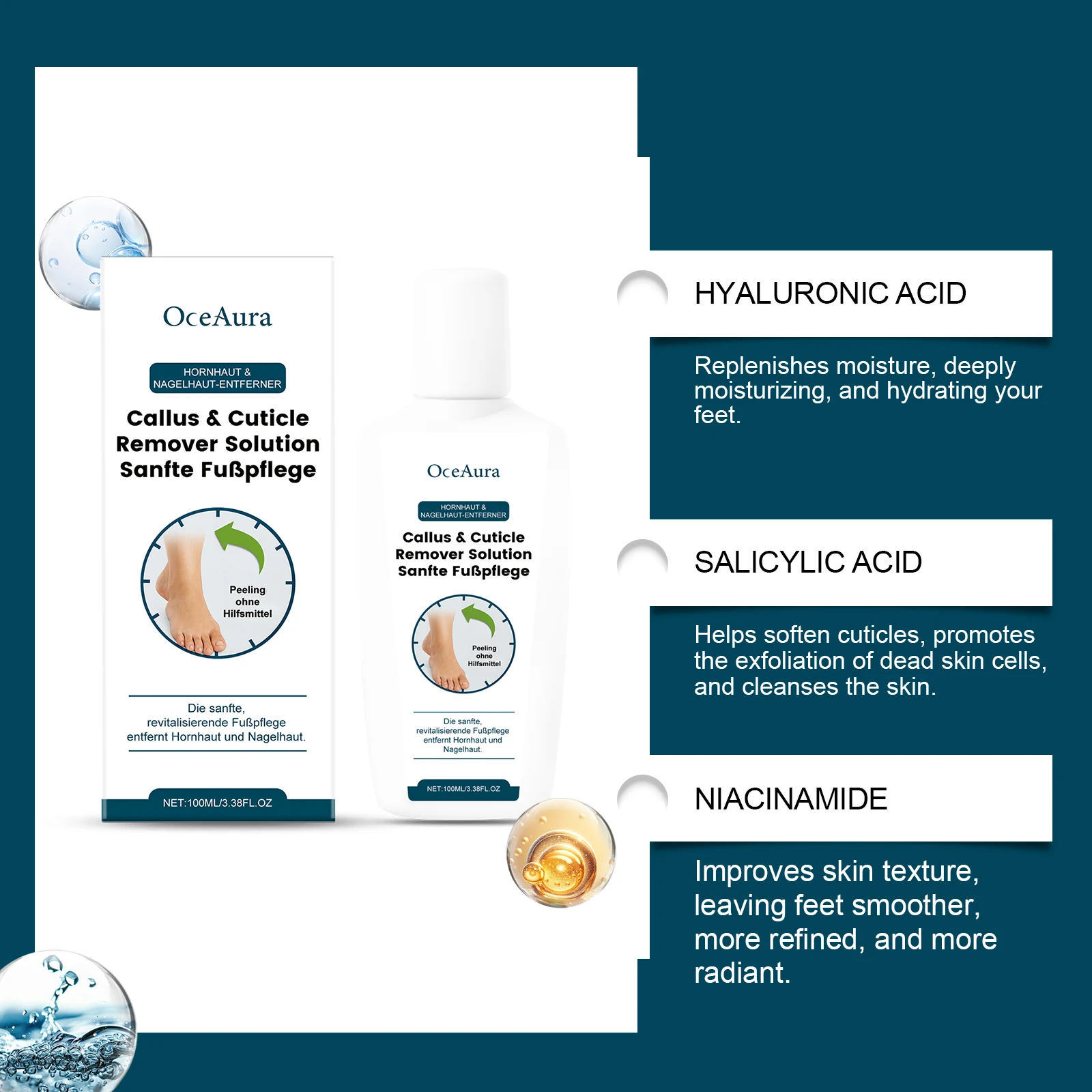 OCEAURA 100ml Foot Cuticles Remover Solution No Tools Required Gentle Non-irritating Removes Foot Cuticles Callus Restore Smooth