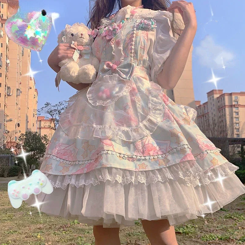 

Japanese Sweet Kawaii Jsk Lolita Dress Women Vintage Victorian Gothic Cartoon Sleeveless Bow Lace Princess Tea Party Dresses