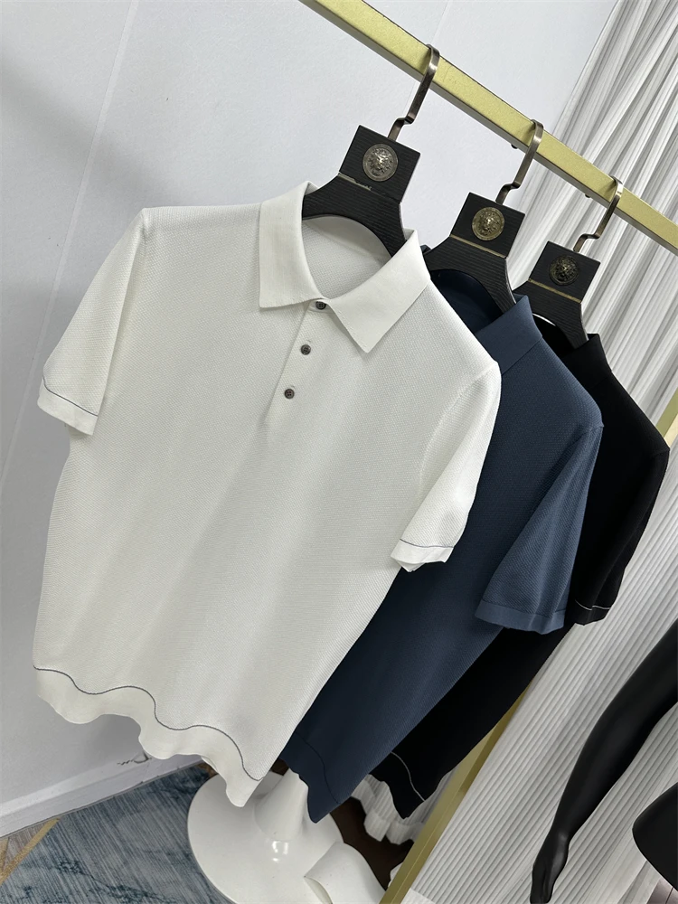 

Итальянская роскошная дышащая быстросохнущая трикотажная рубашка с коротким рукавом для мужчин, деловая повседневная, с отложным воротником, летняя